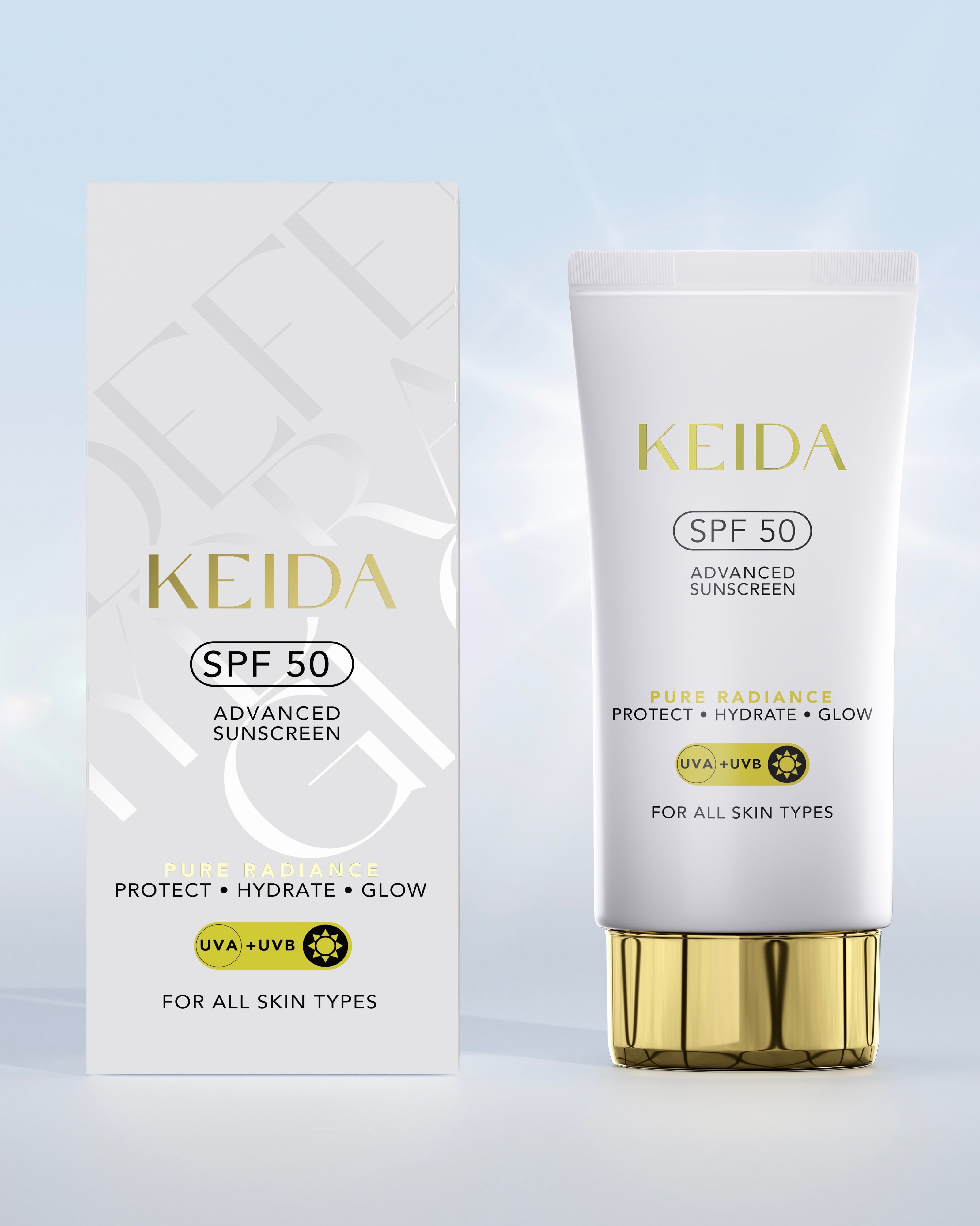 Cremă facială Keida SPF50 cu niacinamidă și acid hialuronic pentru hidratare și protecție solară