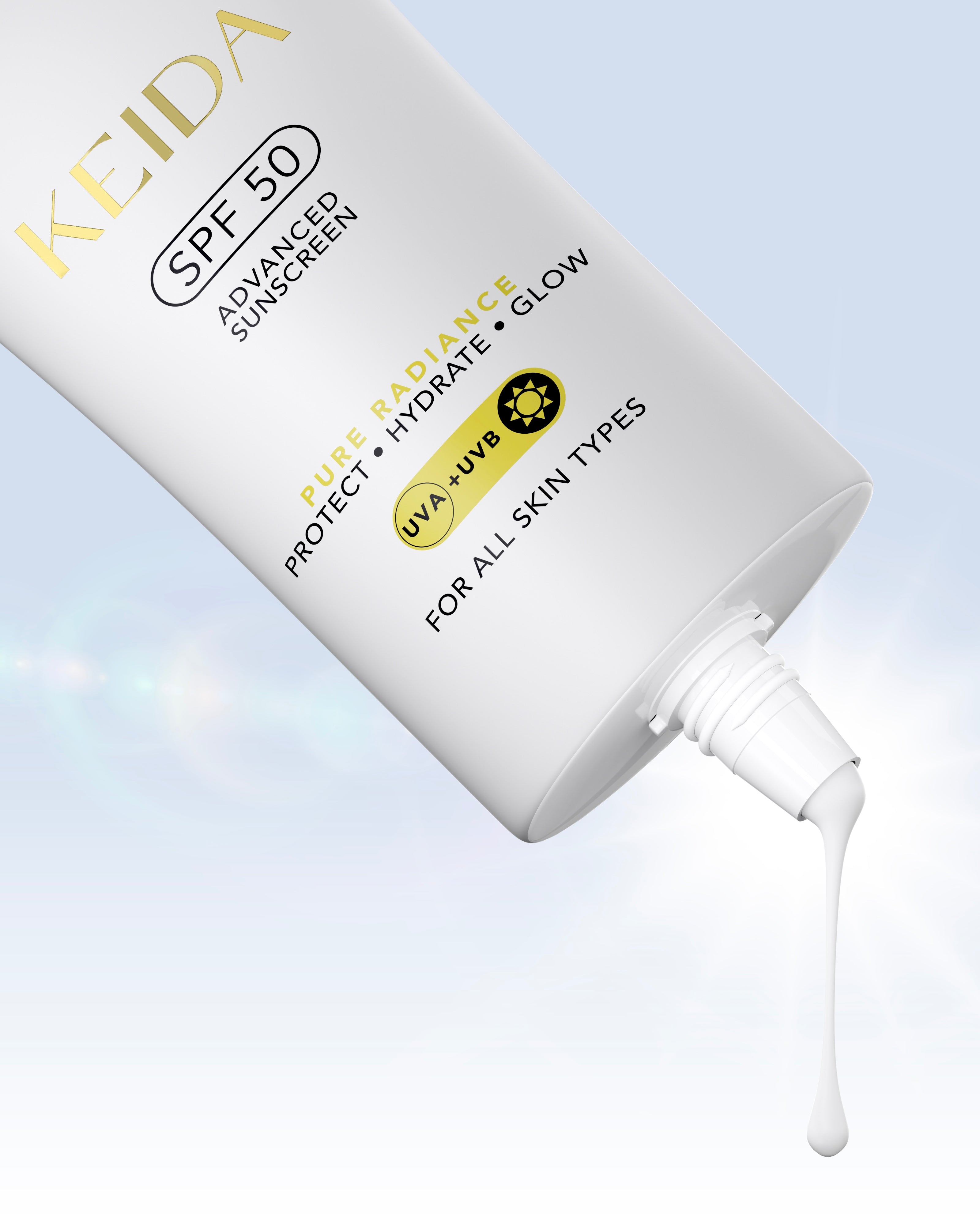 Textura ușoară a cremei Keida SPF50 cu absorbție rapidă și efect hidratant